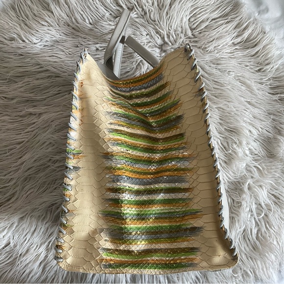 Let & Her Gray Leather Multicolor Snake Skin Side Whipstitch Large Tote Bag EUC - Picture 4 of 8